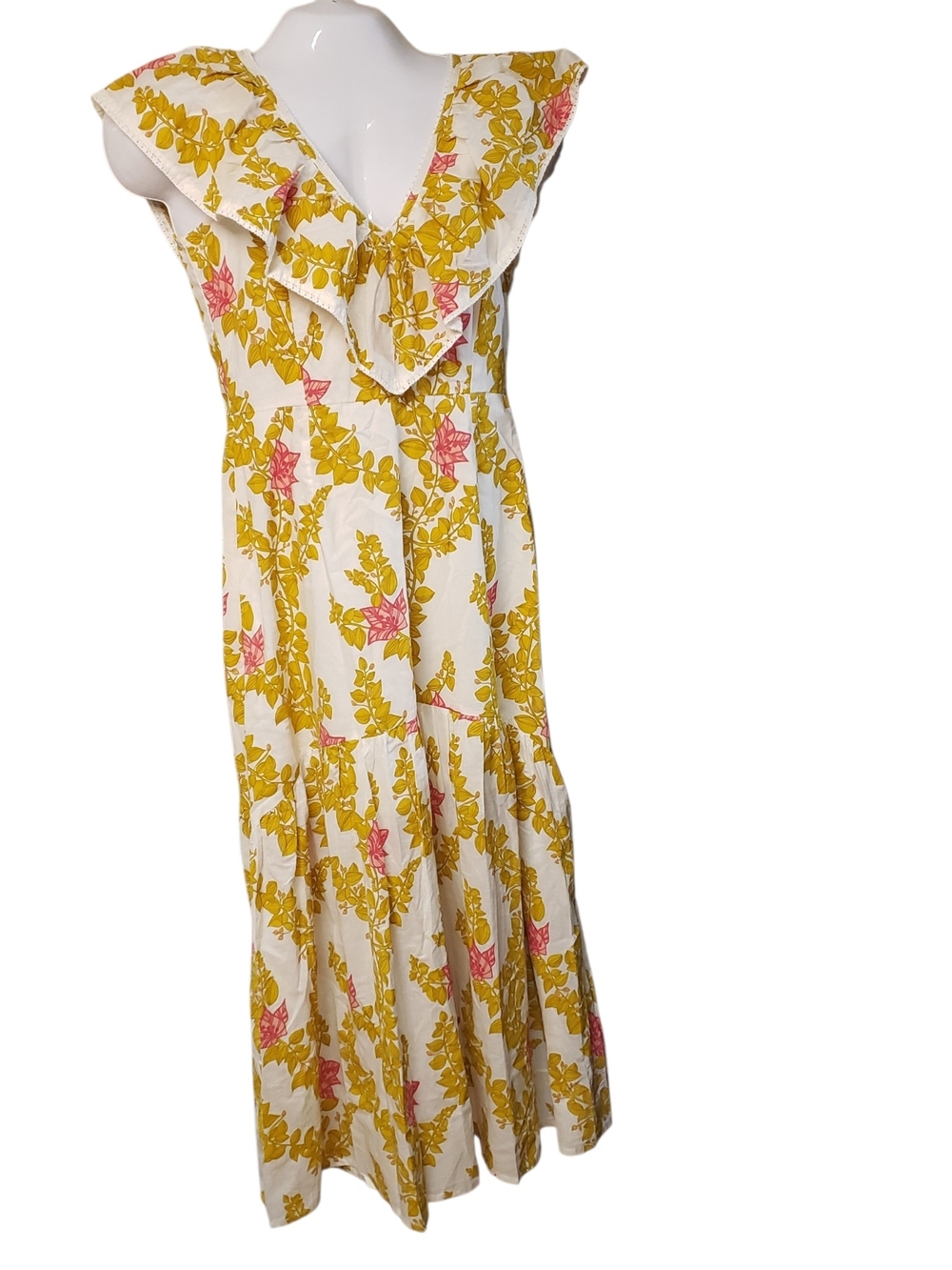 NWT BEYOND by Vera Floral Ruffle Maxi Dress White, Mustard & Pink Women's Size S